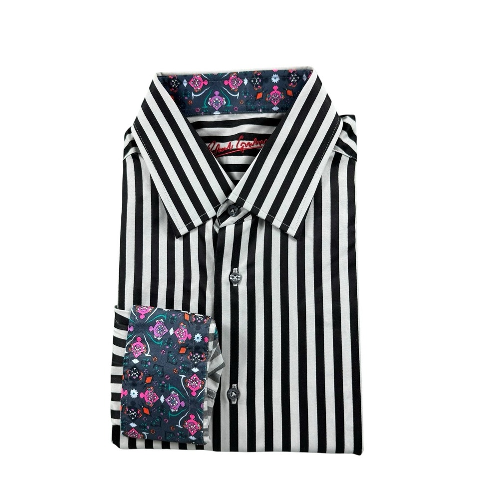 Robert Graham Gray Black Striped Cotton Floral Flip Cuff Button Front Size 16/41